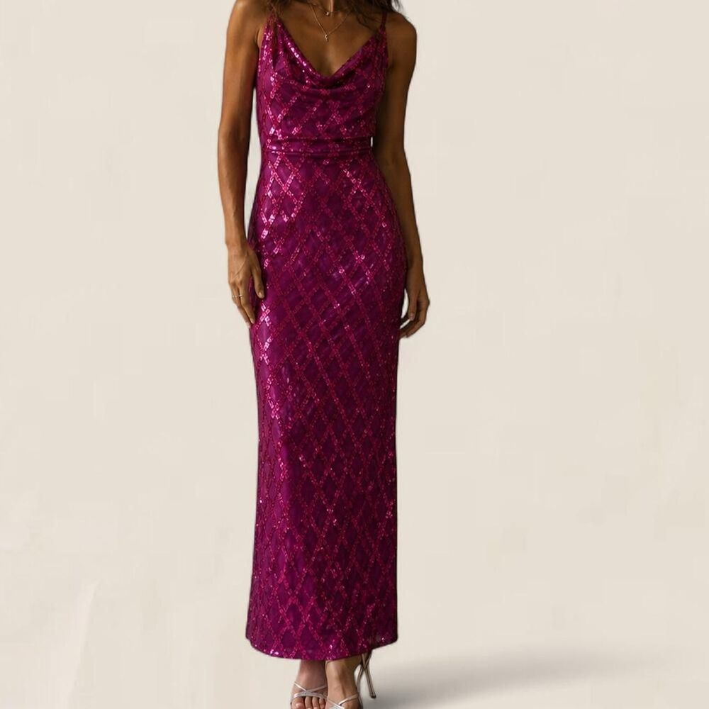 Maniju Fuchsia Pink Sequin Draped Cowl Neck Maxi Dress Size M